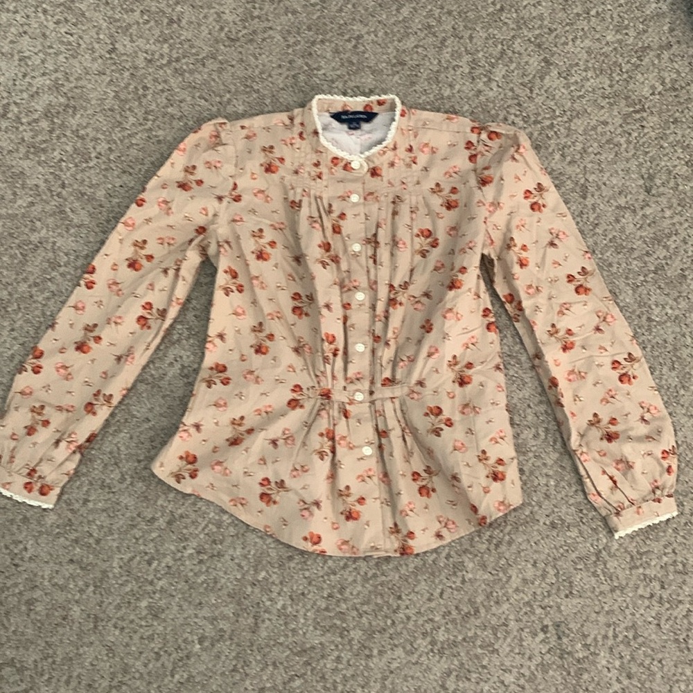 Vtg Ralph Lauren beige floral button up lace prairie puff sleeve shirt sz 12